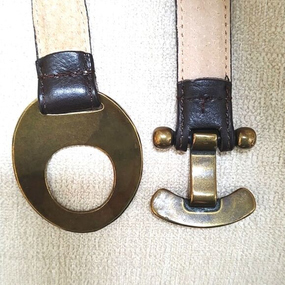 Dark Brown Leather Hammered Brass Toggle Buckle Adjustable Belt Size M/L - Picture 6 of 9